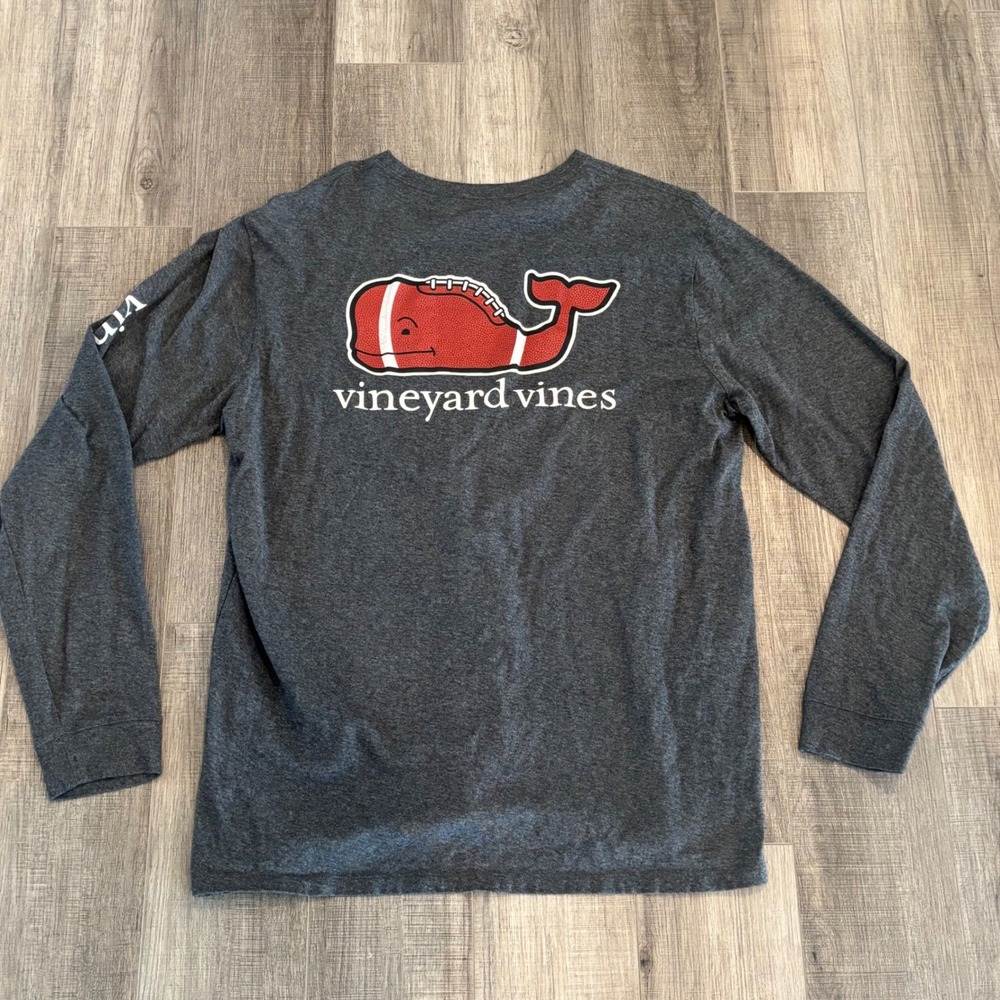 Vineyard Vines Mens Football Whale Long Sleeve Pocket T-Shirt Gray Large